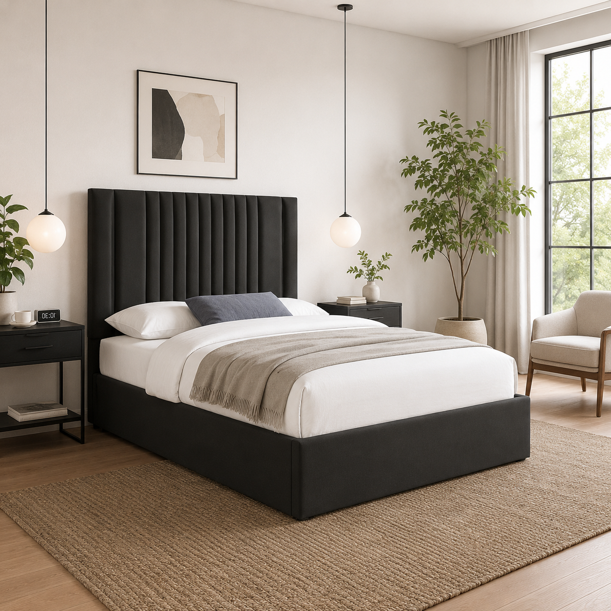 Modern bedroom with a black upholstered bed, white bedding, and decorative elements.