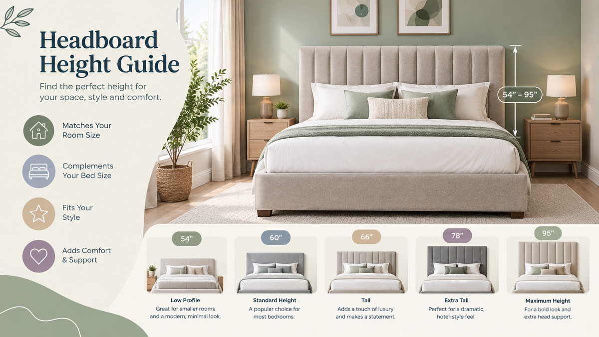 Headboard height guide featuring a modern upholstered bed and bedroom, with headboard height examples ranging from 54 to 95 inches to help UK homeowners choose the right size for their space and style.