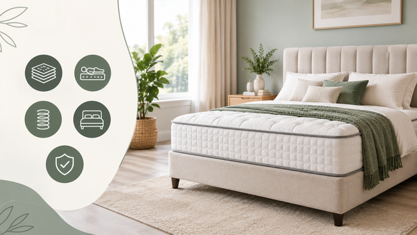 Beige upholstered bed with a quilted mattress in a bright, modern bedroom, with mattress-related icons on a sage green and cream graphic panel