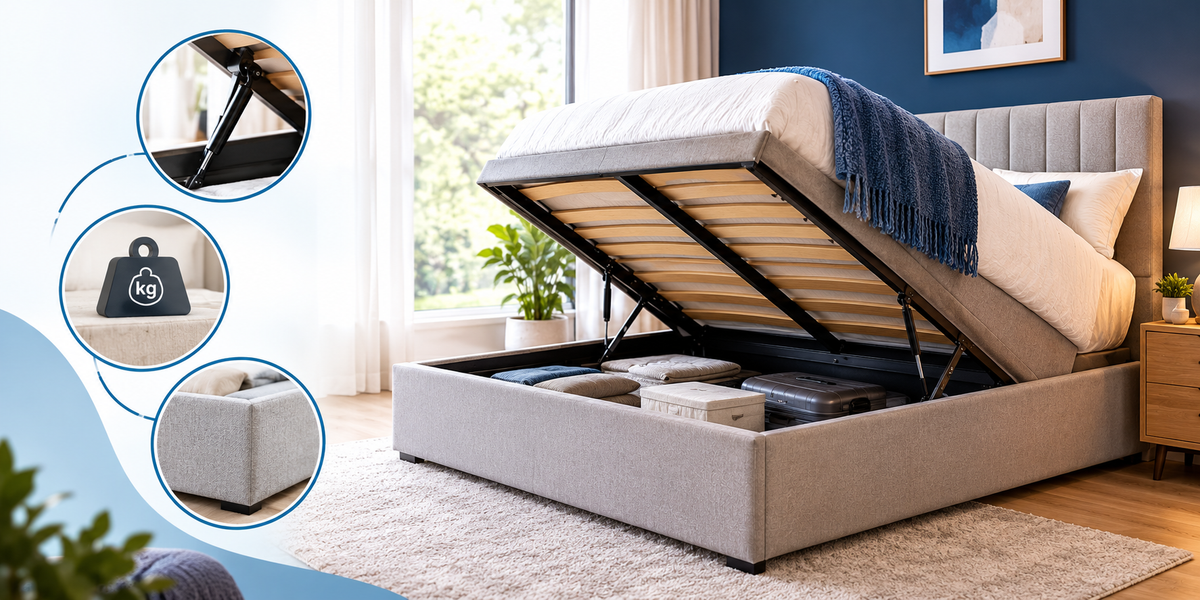 Ottoman bed buying guide showing gas lift mechanism, storage space, weight support, and care features in a modern bedroom.