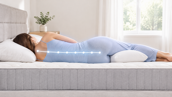 Person sleeping on their side on a mattress with the spine held in a straight line