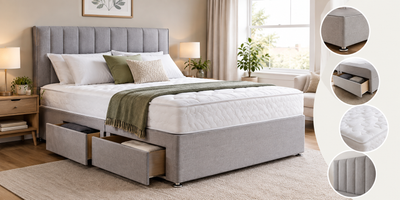 Modern upholstered divan bed with built-in storage drawers in a cosy bedroom